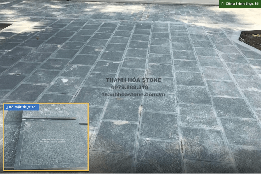 Đá xanh rêu Thanh Hóa - bề mặt thực tế và công trình lát sân hoàn thiện tại Thanh Hóa Stone