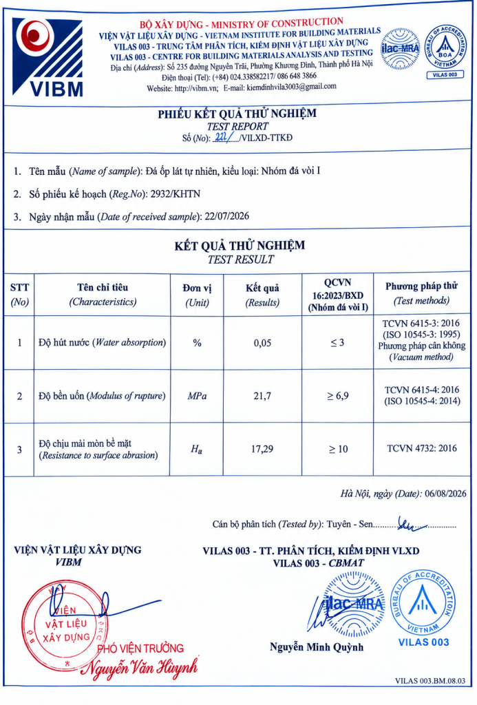 Đá xanh Thanh Hóa độ hút nước 0,05% độ bền uốn 21,7 MPa